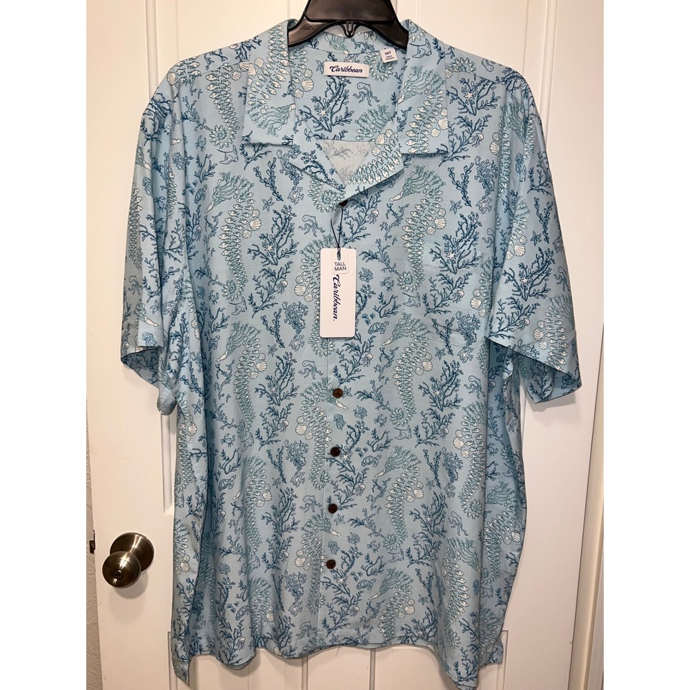 NWT Caribbean Roundtree Yorke Tall Man 3XT Blue Seahorse Sea Life Camp Shirt